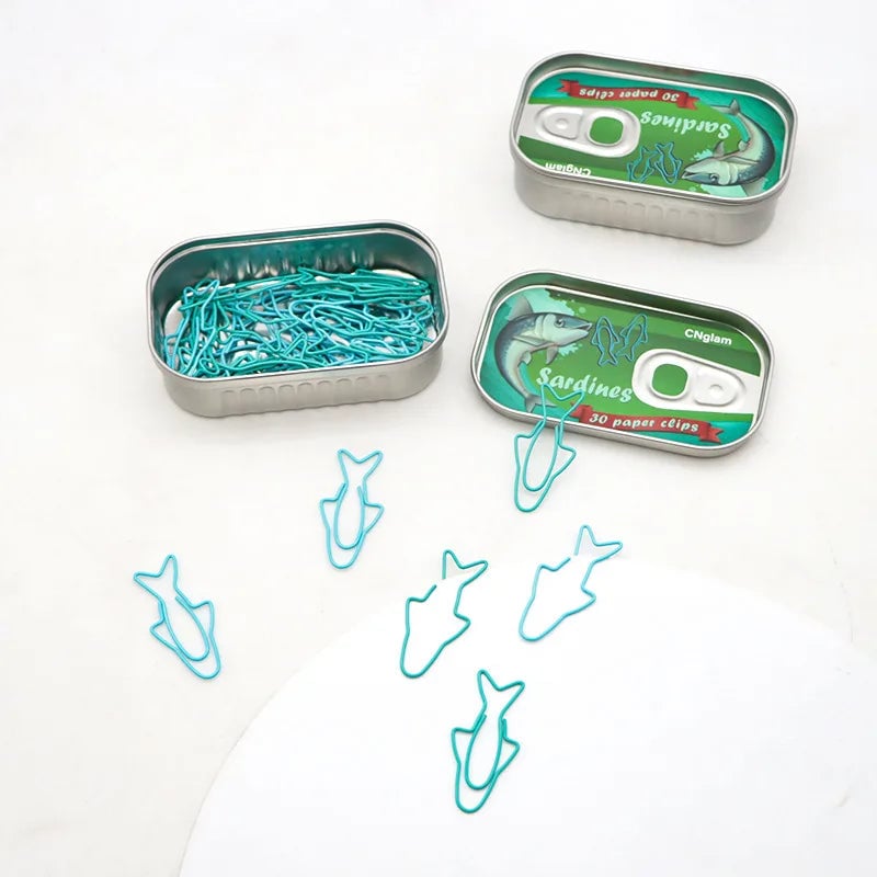 Sardine Cartoon Metal Paper Clips Bookmarks Set with Iron Storage Box