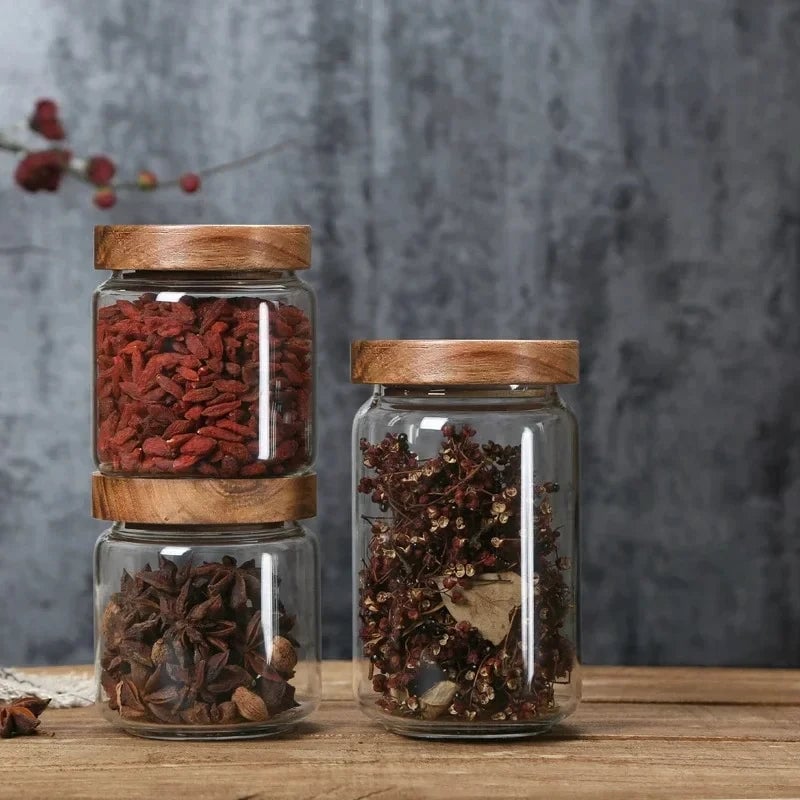 Glass Airtight Canister Wood Lid Kitchen Storage Jar Food Container
