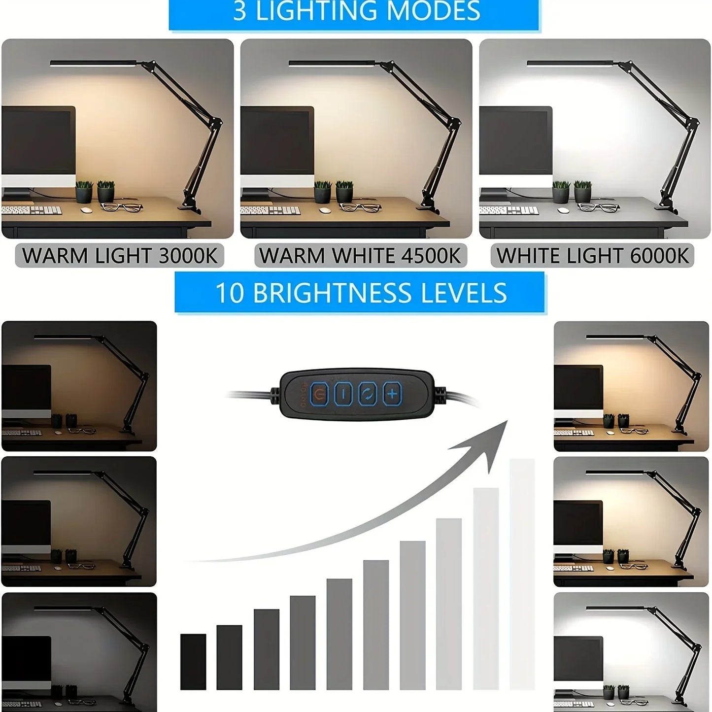 14W LED Desk Lamp Eye-Care Metal Swing Arm 3 Color Dimmable Clamp