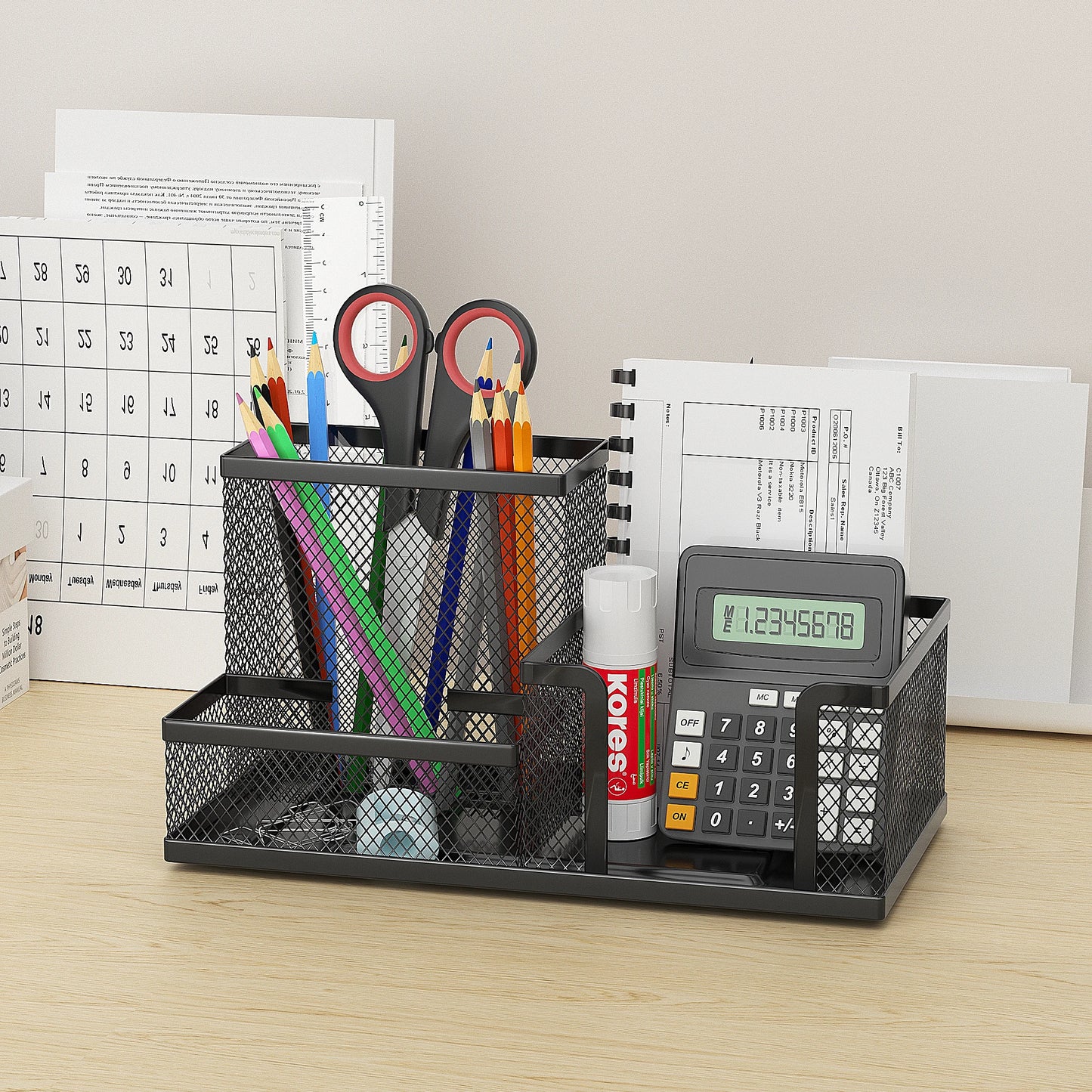 Black Mesh Desk Organizer Caddy with Pencil Holder Storage Baskets