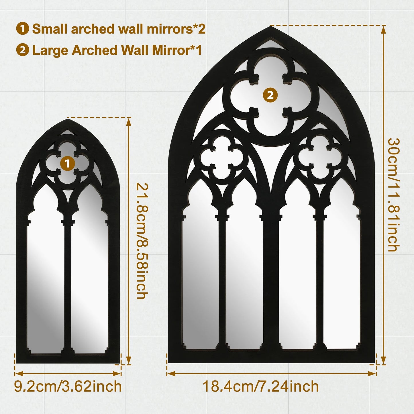 3Pcs Gothic Arched Wall Mirrors Cathedral Window Design Home Decor