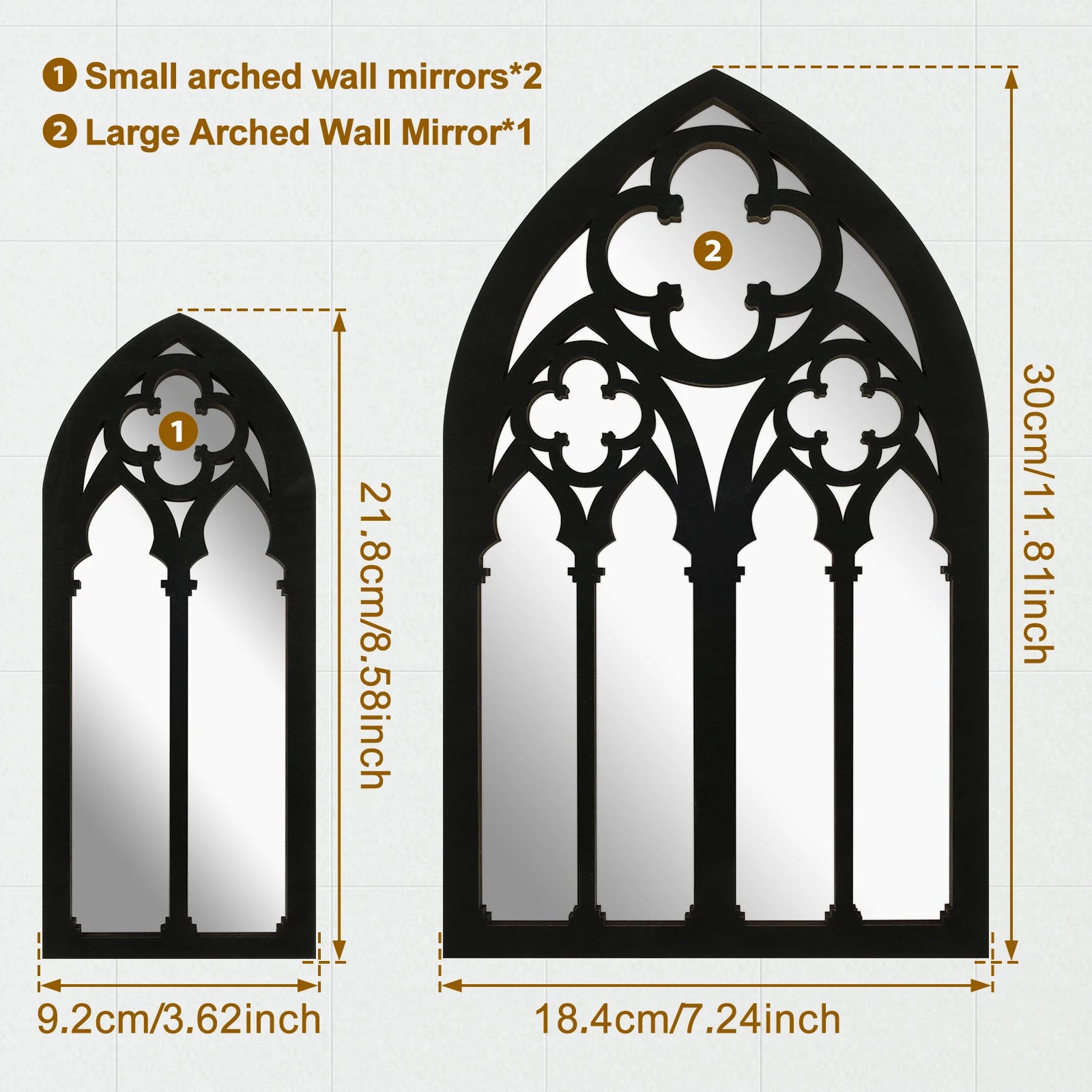 3Pcs Gothic Arched Wall Mirrors Cathedral Window Design Home Decor