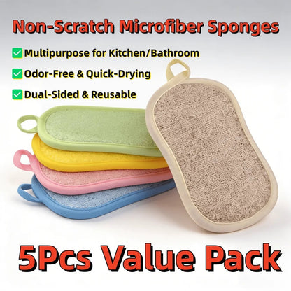 Dual-Sided Microfiber Cleaning Sponges - Reusable Odorless Scrub Pads
