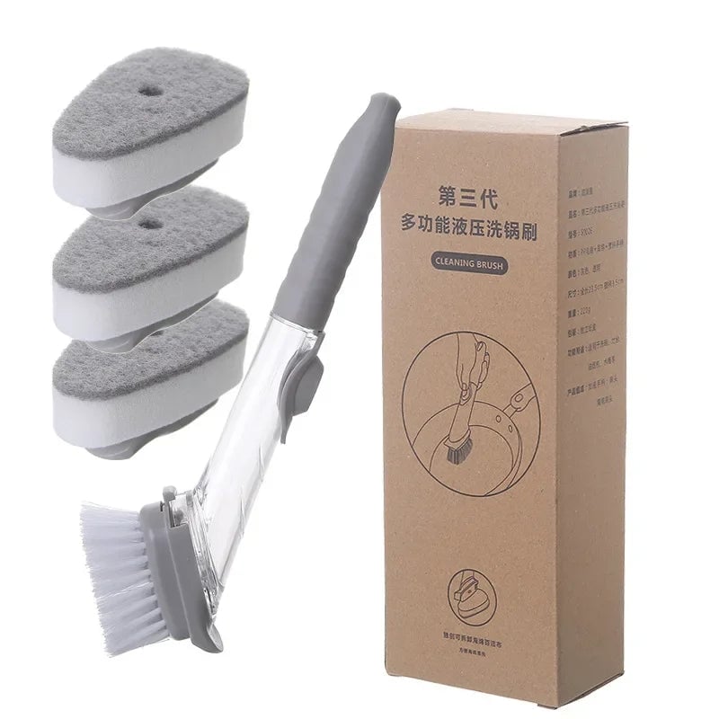 Long Handle Dish Brush with Automatic Liquid Dispenser & Sponge