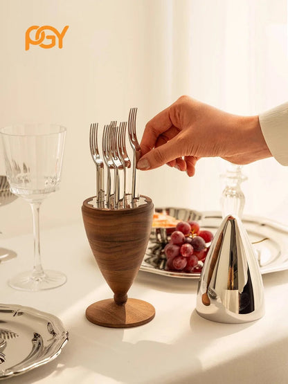 Stainless Steel Fruit Forks Set of 6 with Holder - Small Dessert