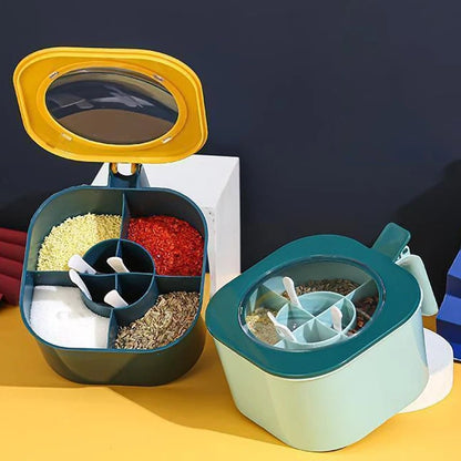 4-in-1 Multi Compartment Spice Jar with Spoon Salt Pepper Container
