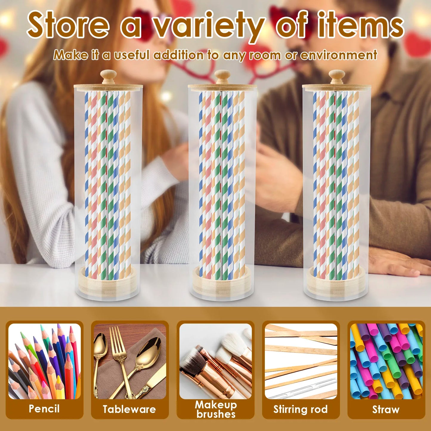 Clear Acrylic Straw Organizer with Wood Lid - Dustproof Storage Box