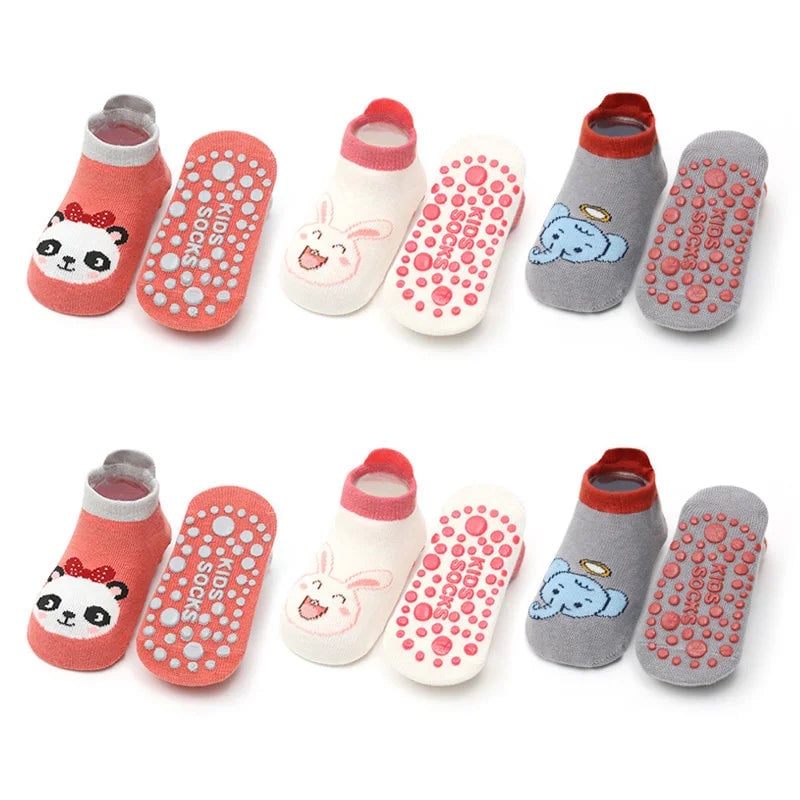 6 Pairs Kids Cotton Non Slip Socks Cartoon Animal Pattern Baby