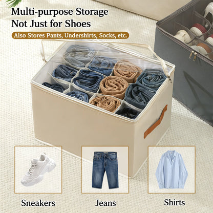 Collapsible Fabric Shoe Storage Bin with Clear Cover & Handles