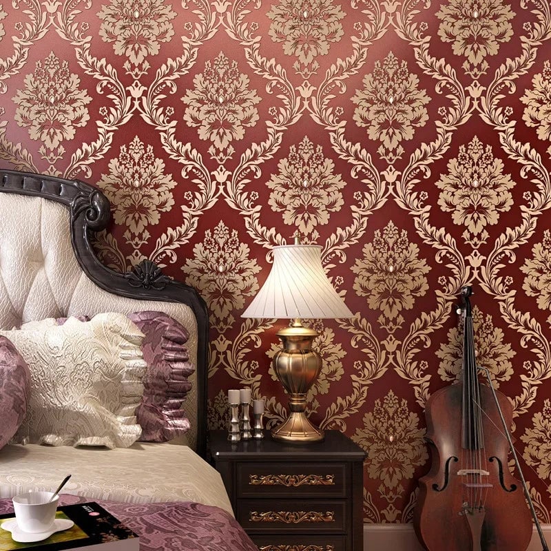 3D Metallic Damask Vinyl Wallpaper Roll Beige Cream Red Brown
