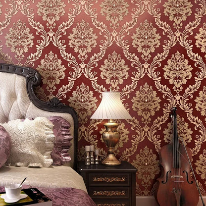 3D Metallic Damask Vinyl Wallpaper Roll Beige Cream Red Brown