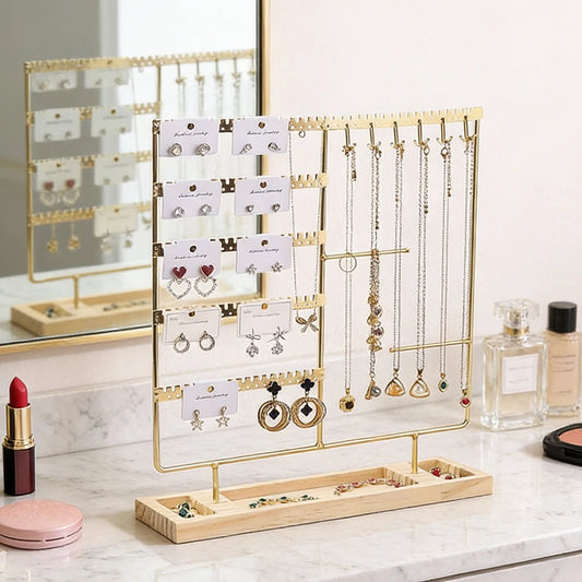 Metal Jewelry Organizer Stand with Wooden Tray - Multi-Functional