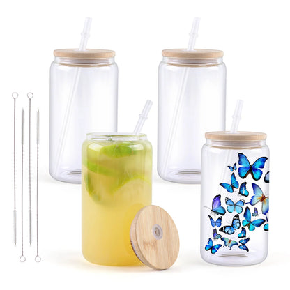 16OZ Glass Sublimation Tumblers 4/8 Pack Clear/Frosted Bamboo Lid