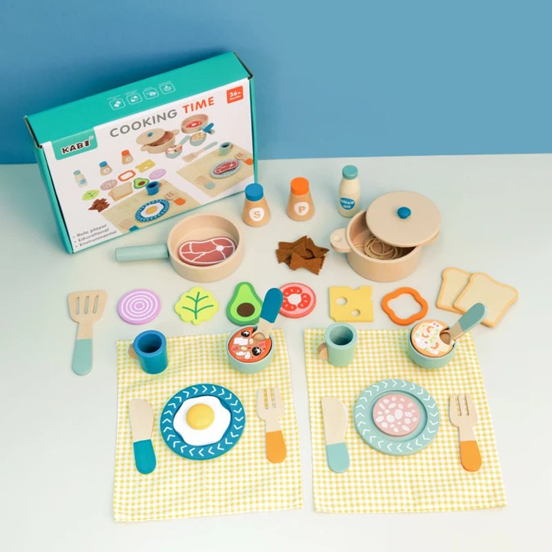 Wooden Kitchen Toy Food Set Educational Role Play Tableware Preschool