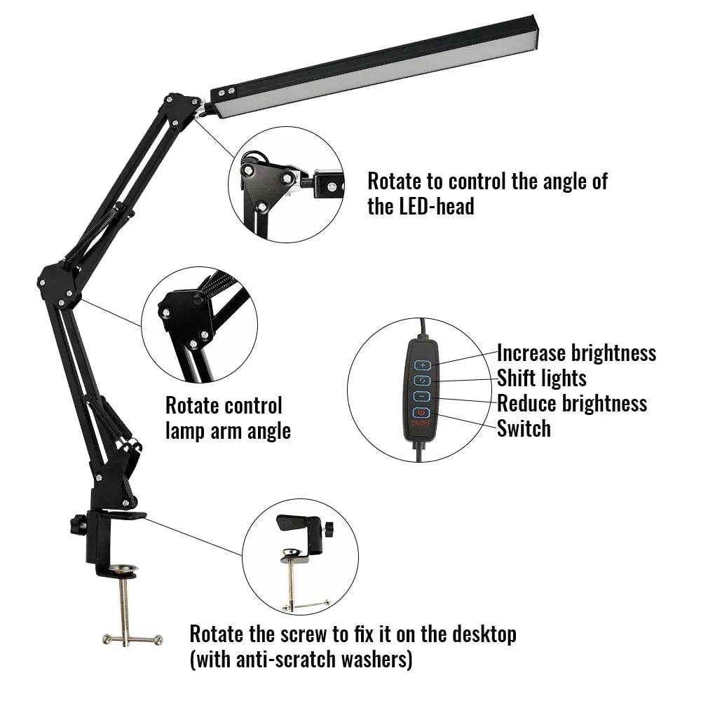 10W LED Clamp Desk Lamp - Adjustable Swing Arm, 3 Modes, 10 Levels