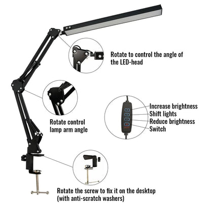 10W LED Clamp Desk Lamp - Adjustable Swing Arm, 3 Modes, 10 Levels