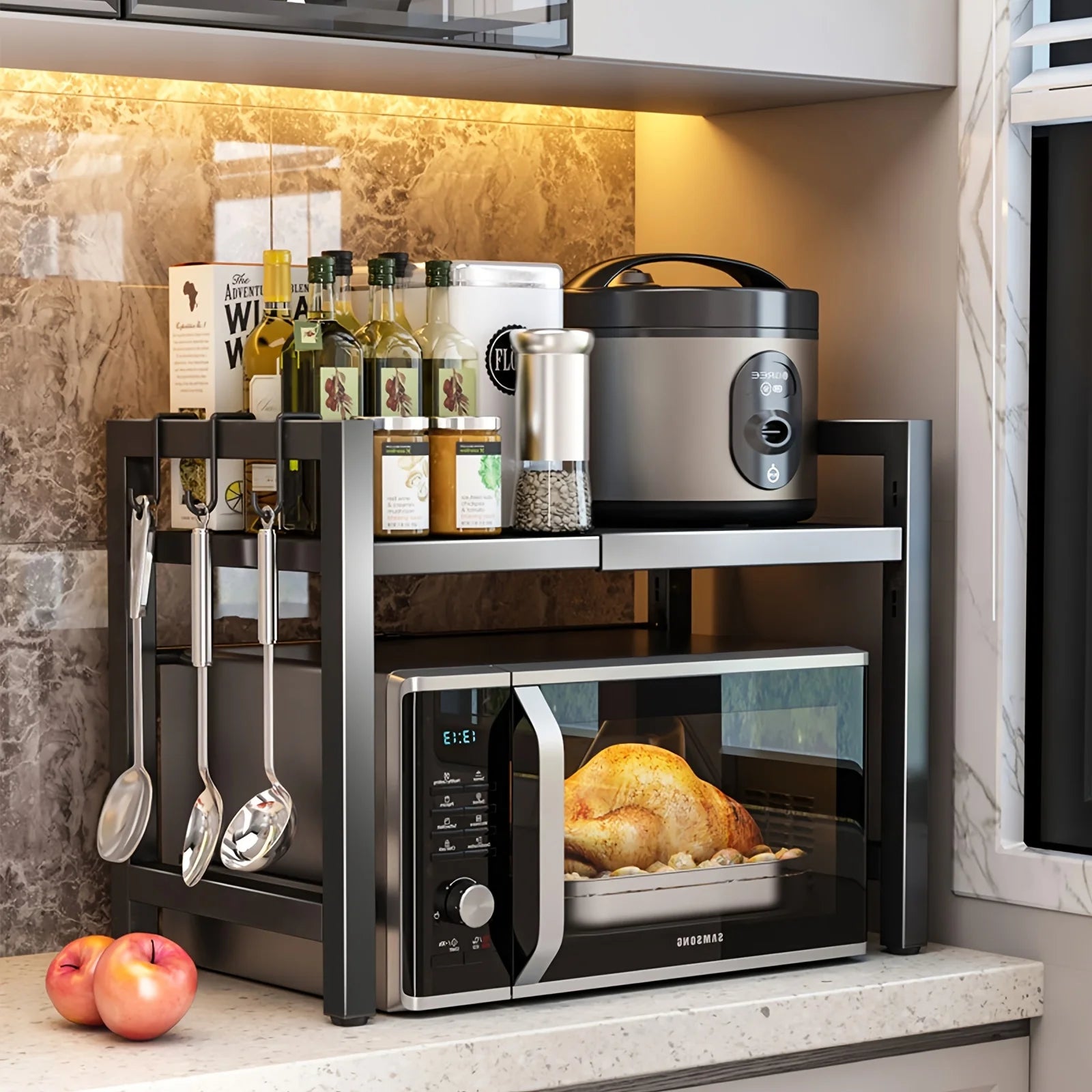 Expandable Microwave Shelf 40-64cm with 6 Hooks Kitchen Storage Rack