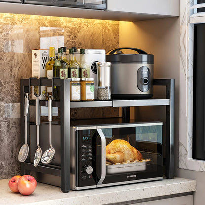 Expandable Microwave Shelf 40-64cm with 6 Hooks Kitchen Storage Rack