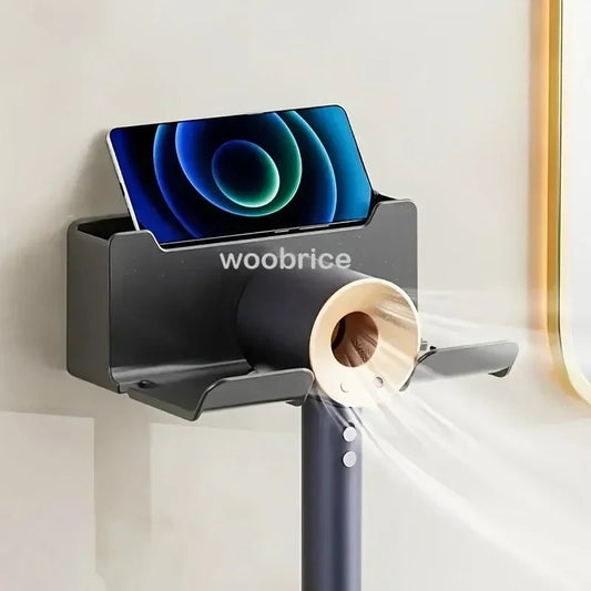 Wall Mount Hair Dryer Holder with Brush Storage Box Bathroom Organizer