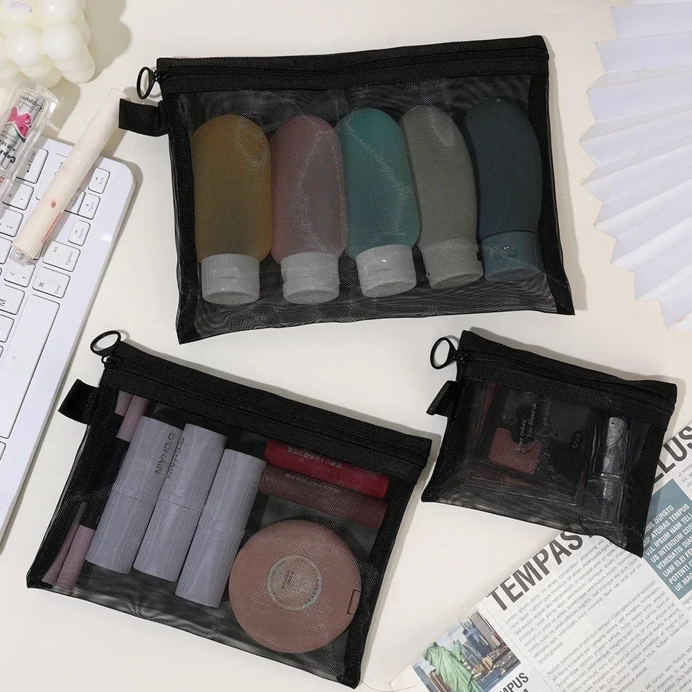 Mesh Clear Cosmetic Bags Set - Black Makeup Travel Organizer Pouch