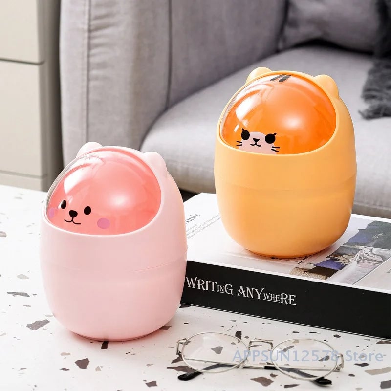 Desktop Wastebasket with Lid | Cartoon Storage Bin | Makeup Organizer