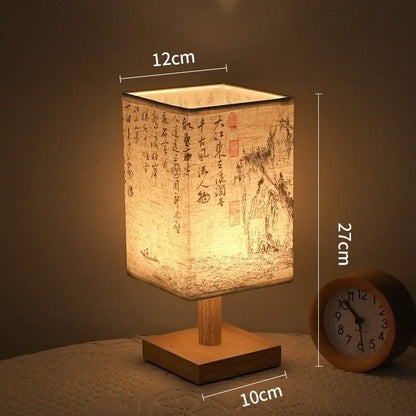 LED Dimmable Table Lamp Chinese Style Fabric Lampshade Bedroom Light