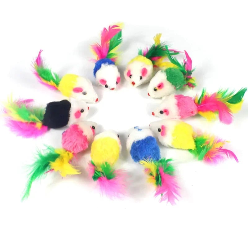 Rabbit Fur Feather Cat Toy - Rainbow False Mouse Interactive Kitten