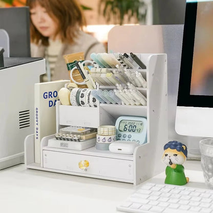 Wooden Desktop Organizer with Shelves - Multi-Compartment Pen Holder
