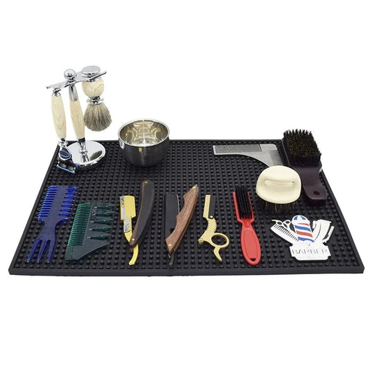 Non-Slip Black Barber Station Mat with Clippers Scissors Storage