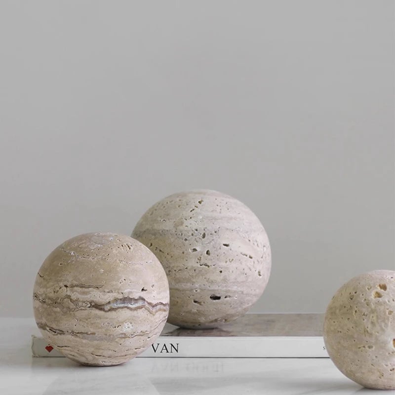 Natural Travertine Marble Sphere - Wabi Sabi Stone Ball Decor