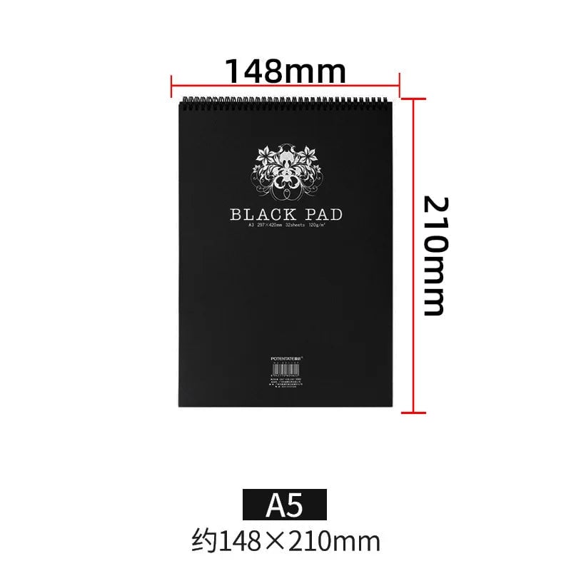 32 Sheet A4/A5 Black Paper Sketchbook 120GSM Spiral Bound Drawing Pad