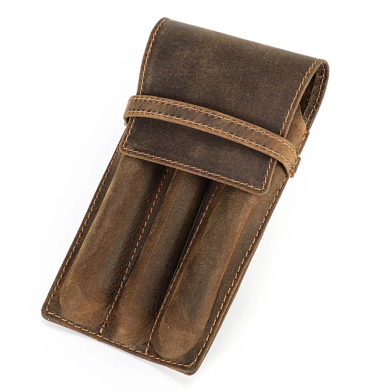 Handmade Cowhide Leather Pencil Case Magnetic Drawer 1/2/3 Slots
