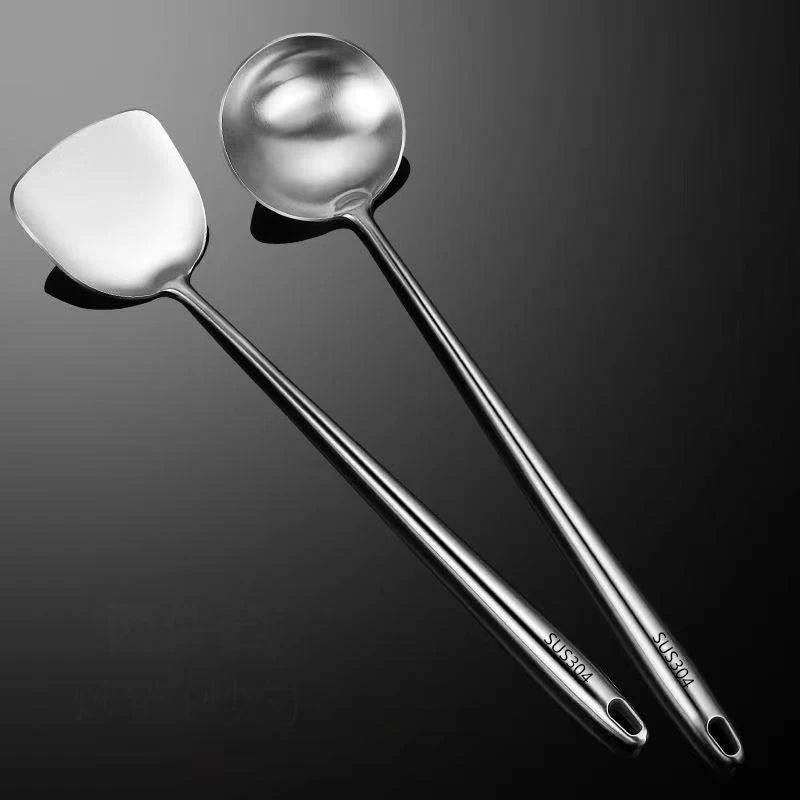 304 Stainless Steel Wok Spatula & Slotted Turner Rice Spoon Set