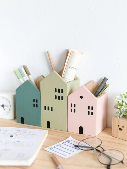 Cartoon House Wooden Pen Holder Desktop Storage Organiser Container
