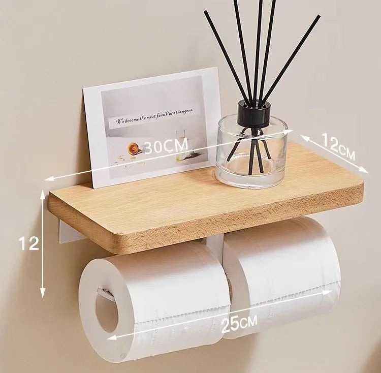 Beech Wood Toilet Paper Holder with Phone Storage Bathroom Organizer