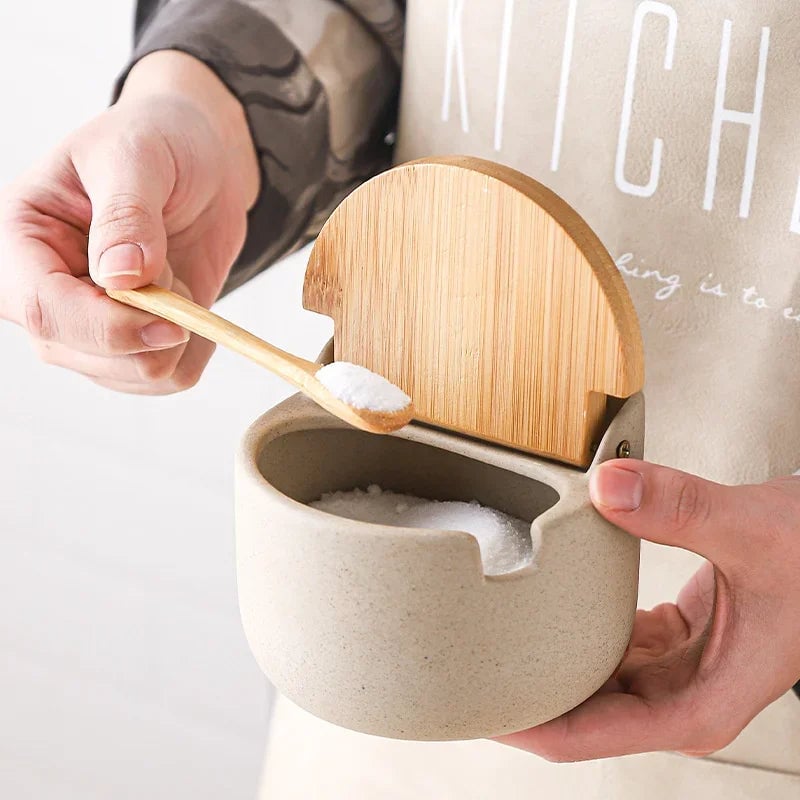 Japanese Ceramic Spice Jar with Bamboo Lid & Spoon - Kitchen Storage