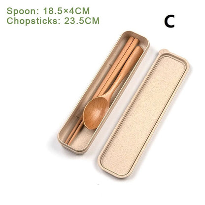 3-Piece Natural Wooden Cutlery Set - Spoon Fork Chopsticks With Box