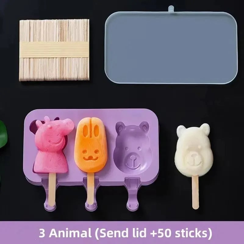 Silicone Ice Cream Popsicle Molds with Lid - DIY Cartoon Ice Lolly