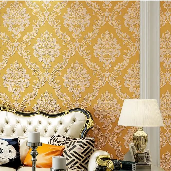 3D Metallic Damask Vinyl Wallpaper Roll Beige Cream Red Brown