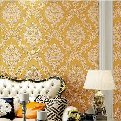 3D Metallic Damask Vinyl Wallpaper Roll Beige Cream Red Brown