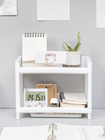 White Double Layer Desk Storage Rack - Office Cosmetics Organizer
