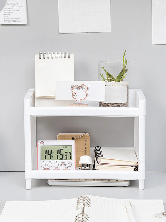White Double Layer Desk Storage Rack - Office Cosmetics Organizer