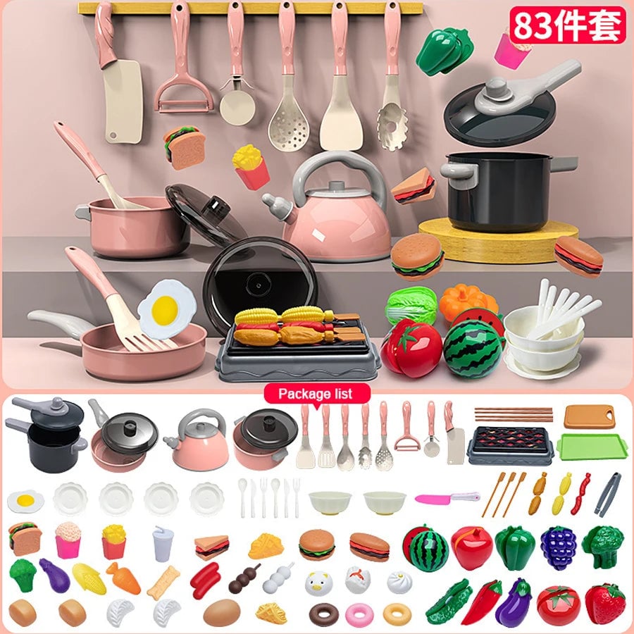 Large Kids Play Kitchen Set - Pretend Cooking Toys with Pots & Food