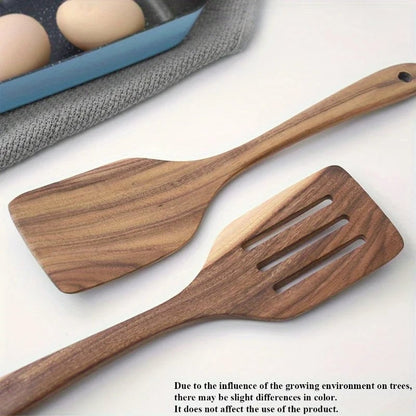 Wooden Spatula Set - Durable Long Handle Kitchen Utensils with Slotted