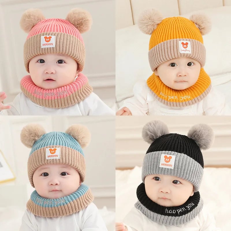 Baby Winter Hat Scarf Set - Bear Ear Knitted Crochet Beanie Cap