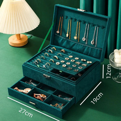 Green Velvet Jewelry Box Double Lock Large Capacity Vintage Style