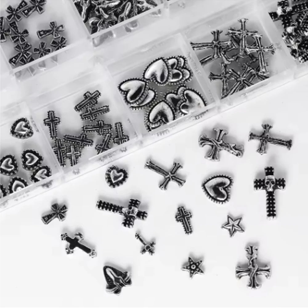 120pc Dark Vintage Cross Heart Metal Nail Art Patches Y2K Gothic Style