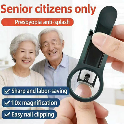 Premium Stainless Steel Concave Nail Clipper with Magnifying Lens - Ergonomic Rubber Grip Handle for Seniors