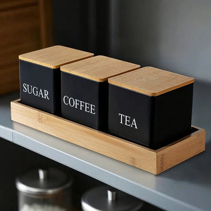 500ml Metal Kitchen Storage Jars Set - 3Pcs Black White Containers