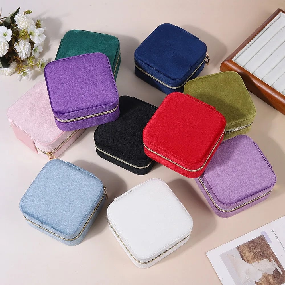 Velvet Travel Jewelry Box - Portable Square Organizer with Zipper